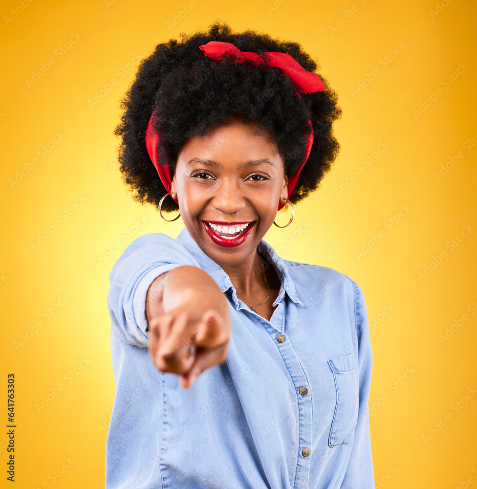 Hand pointing, portrait and black woman in studio with choice, you or selection on yellow background