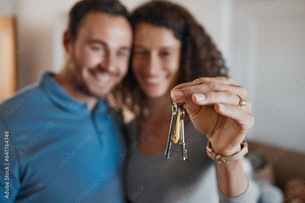 Hand, success or happy couple with house keys in real estate, property investment or buying apartmen