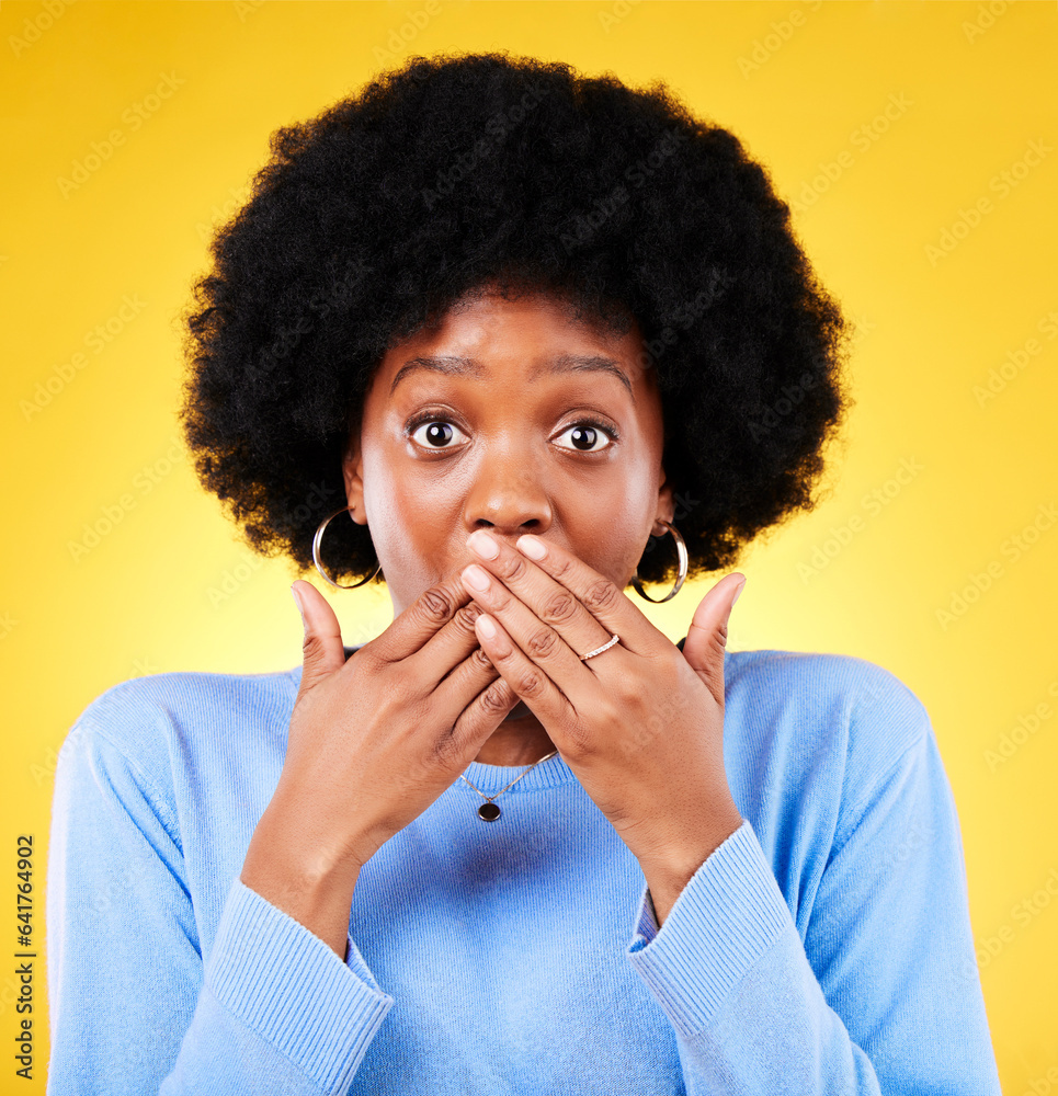 Surprise, hands on mouth and portrait of a woman in studio with news, shock and wow. Face of a black