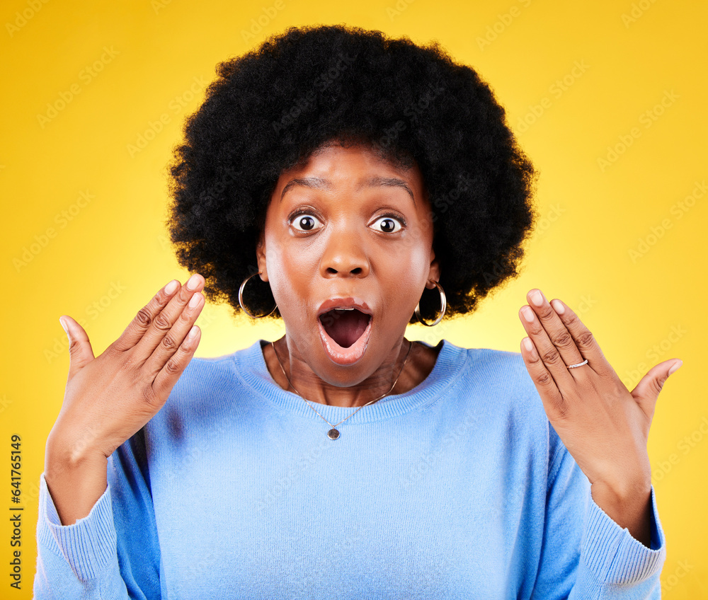 Surprise, excited and portrait of a woman in studio with good news, mouth open and wow emoji. Face o