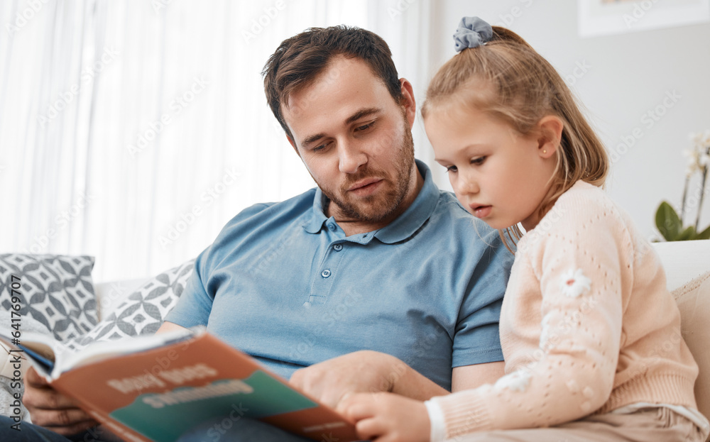 Bonding, reading and father and child with a book on the sofa for learning or knowledge. Relax, fami