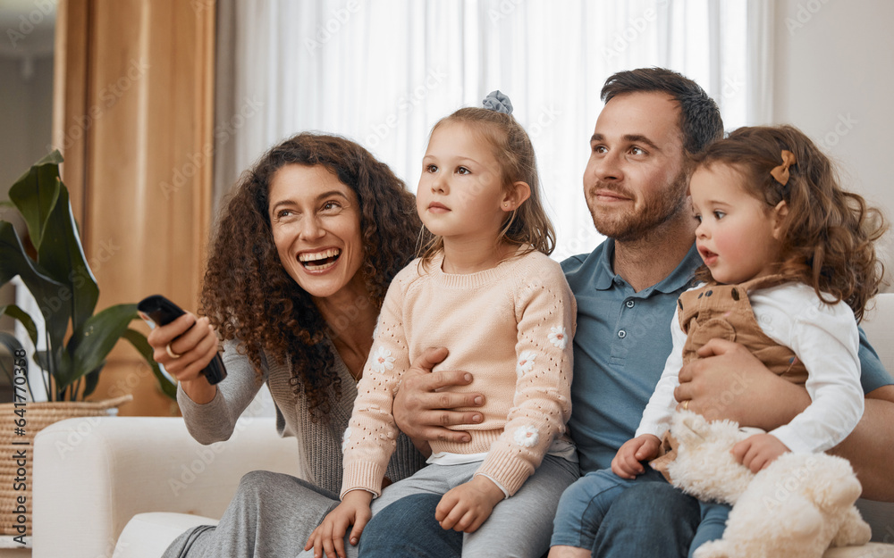 Kids, mother or father watching tv to relax or bond as a happy family in living room in Canada with 