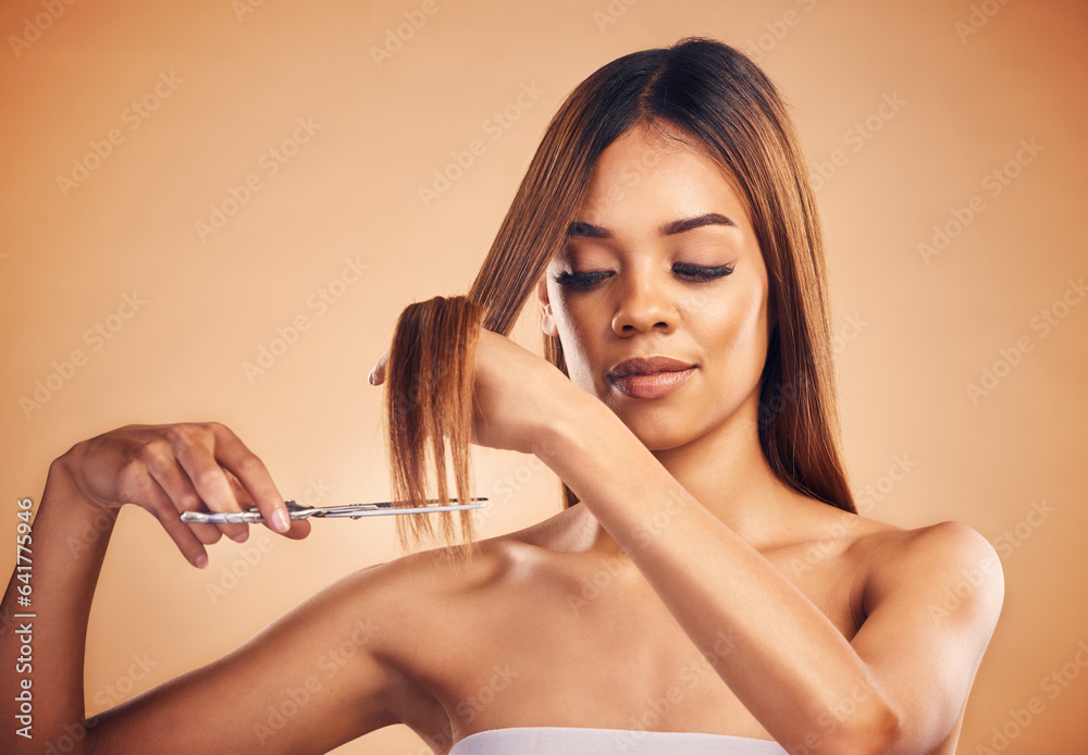 Scissors, face and woman cut hair, split ends or doing hairstyle growth maintenance, self care routi