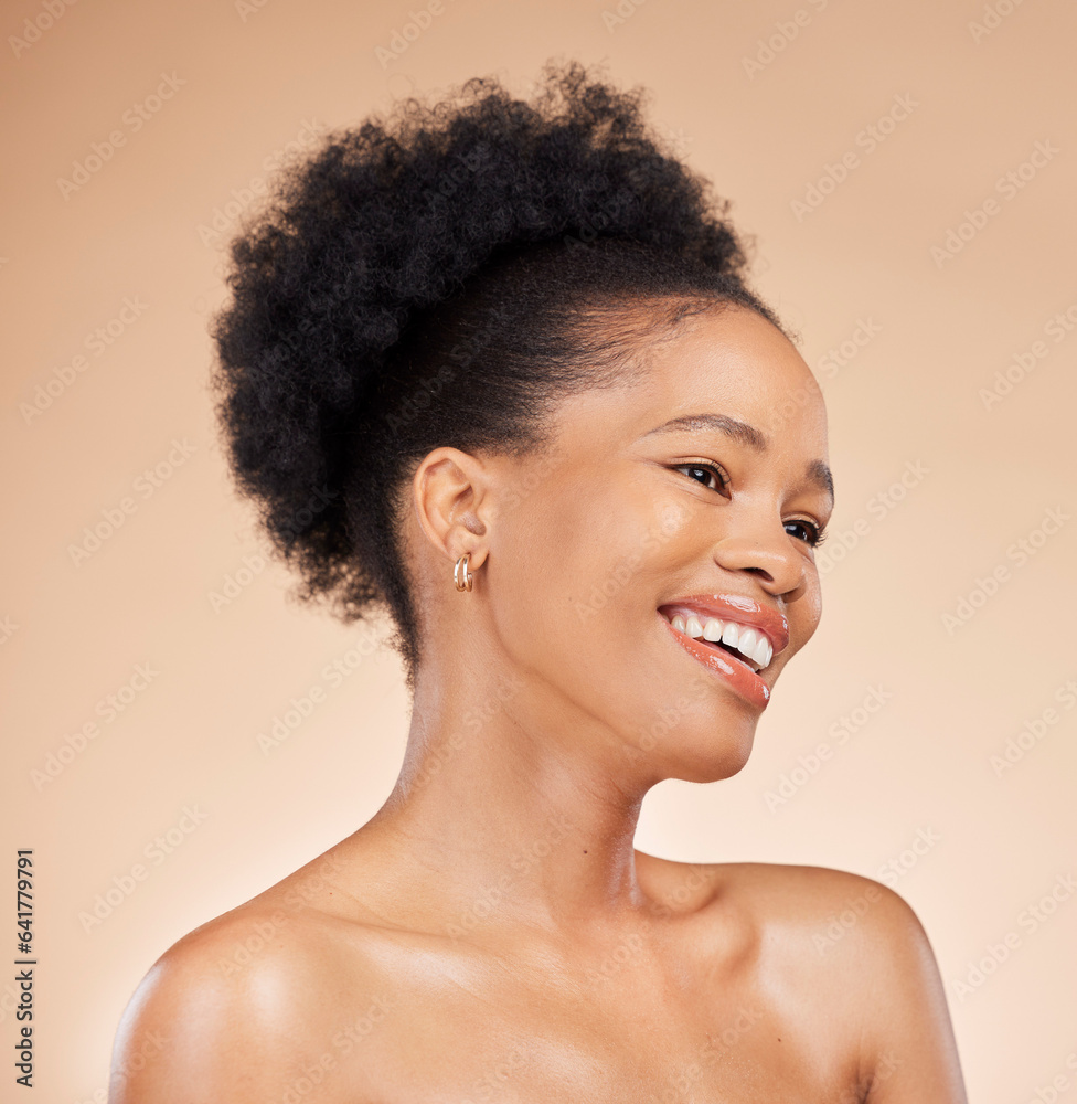 Thinking, skincare and beauty of black woman, happy and isolated on a brown background in studio. Sm