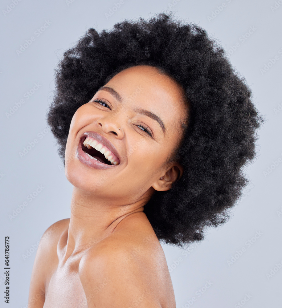 Laughing, natural and portrait of happy woman with beauty skincare isolated in a studio gray backgro