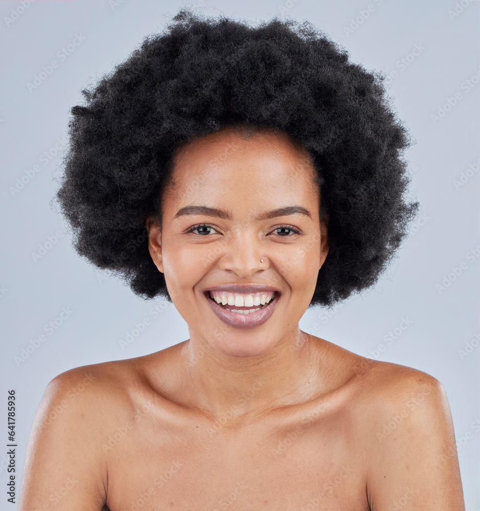 Skincare, natural and portrait of black woman with beauty smile isolated in a studio gray background