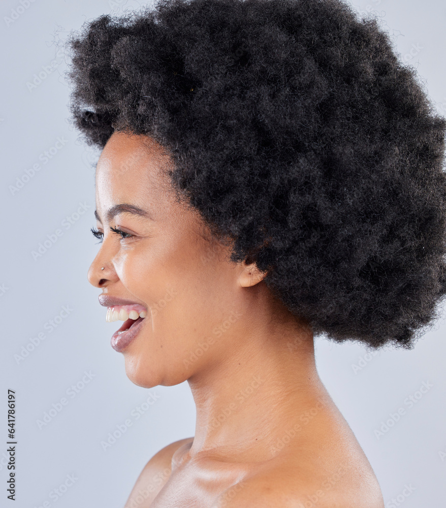 Skincare, natural and headshot of black woman with beauty smile isolated in a studio gray background