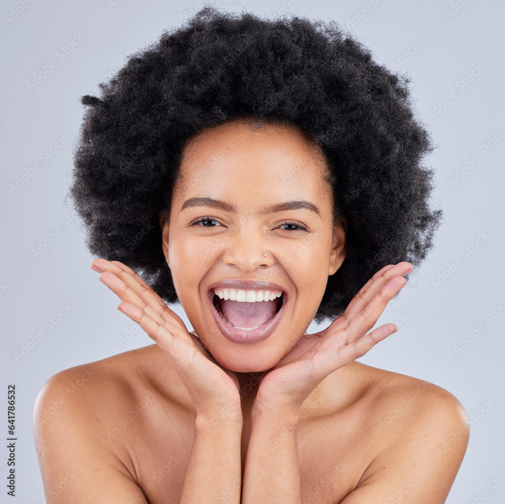 Face, natural and portrait of black woman with beauty skincare isolated in a studio gray background 