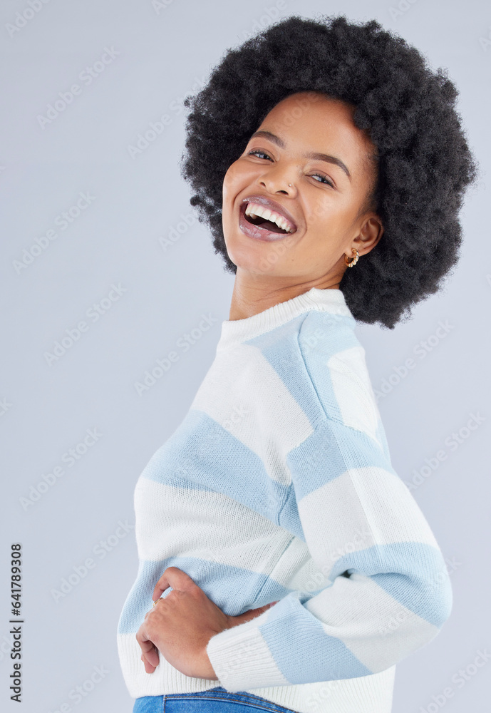 Fashion, student and happy with portrait of black woman in studio for education, casual and trendy s