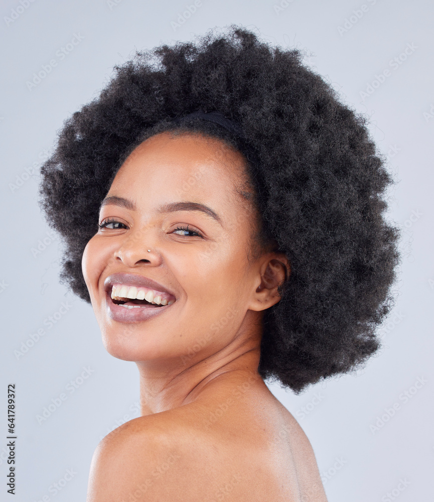 Smile, natural and portrait of woman with beauty skincare isolated in a studio gray background and h