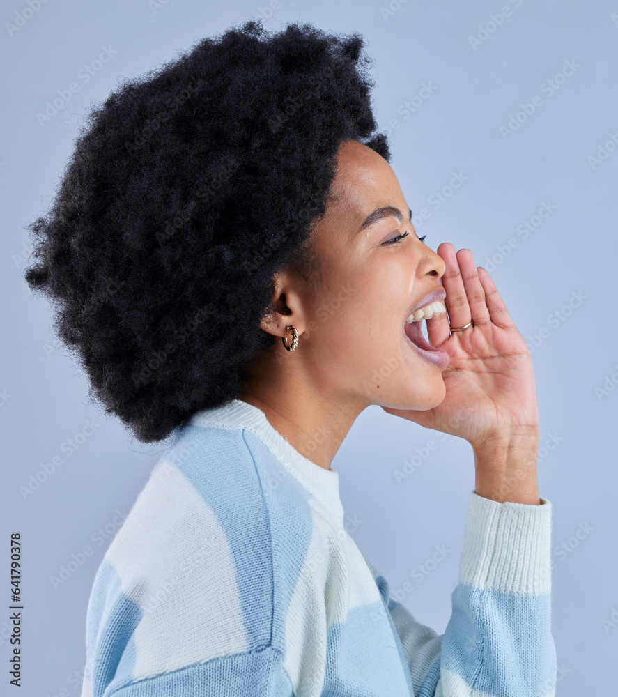 Profile, announcement and black woman shouting to call in studio isolated on a blue background. Face