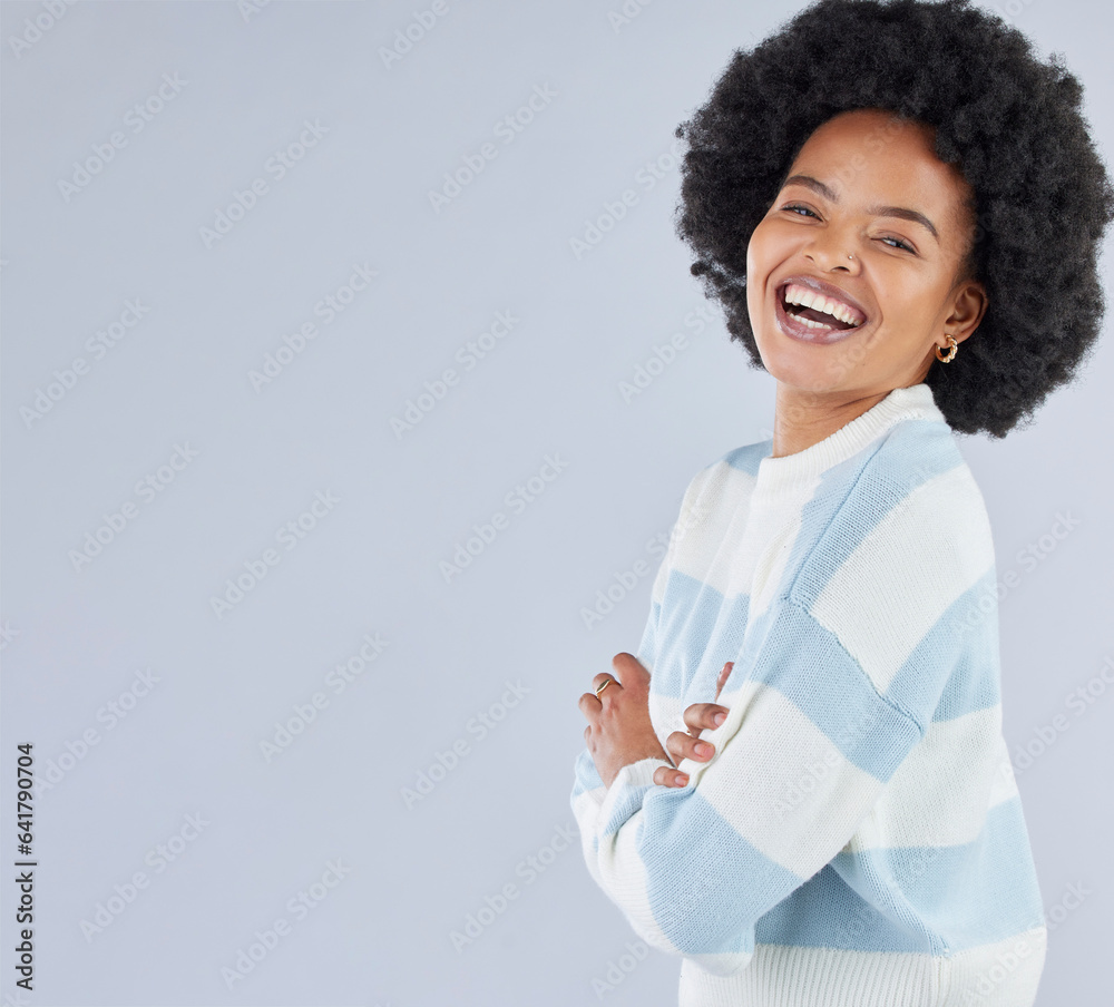 Fashion, space and arms crossed with portrait of black woman in studio for education, casual and tre