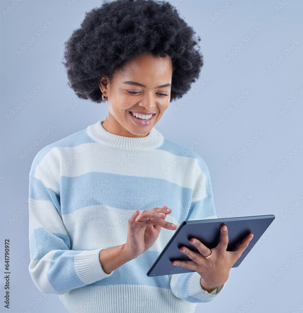 Woman, tablet and smile on studio background for social media post, reading ebook and search website