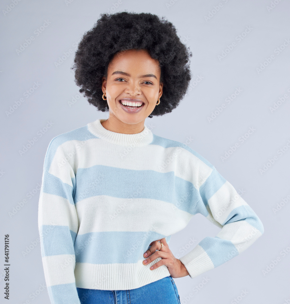 Fashion, gen z and smile with portrait of black woman in studio for education, casual and trendy sty