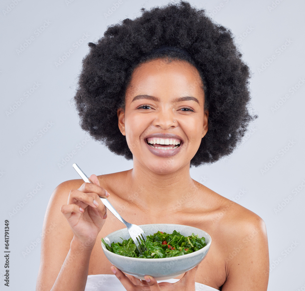 Health, portrait and black woman with a salad in studio for diet dinner, lunch or supper. Happy, wel