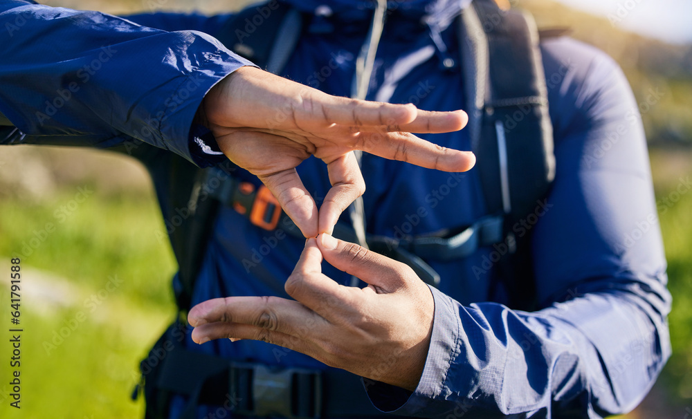 Closeup, hiking and a hand of a person in nature for fitness, training or a sign for exercise. Morni