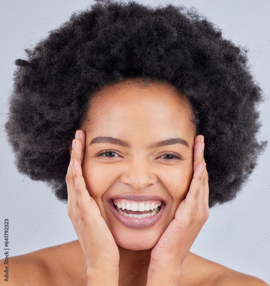 Smile, natural and portrait of black woman with beauty skincare isolated in a studio gray background