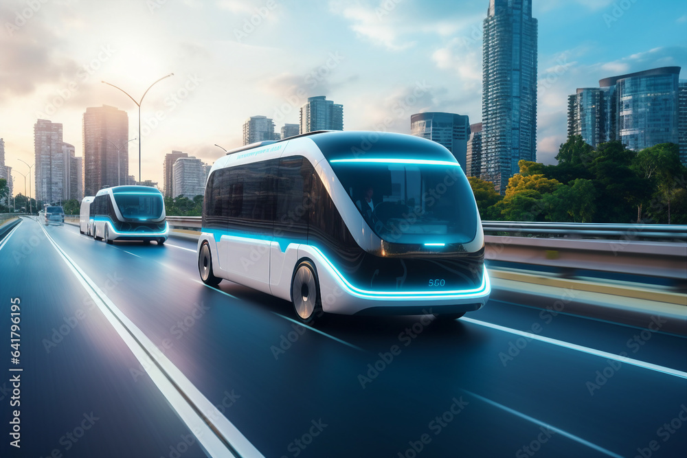 Picture of futuristic fast self-driving modern car on evening city roads under cloudy sky made by ge