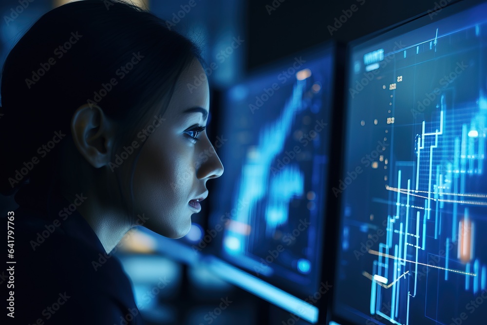 Side view of businesswoman looking at computer monitor with forex chart