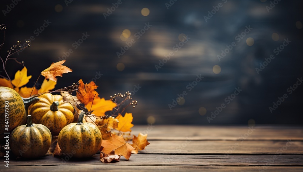 Autumn background with pumpkins, leaves and bokeh lights