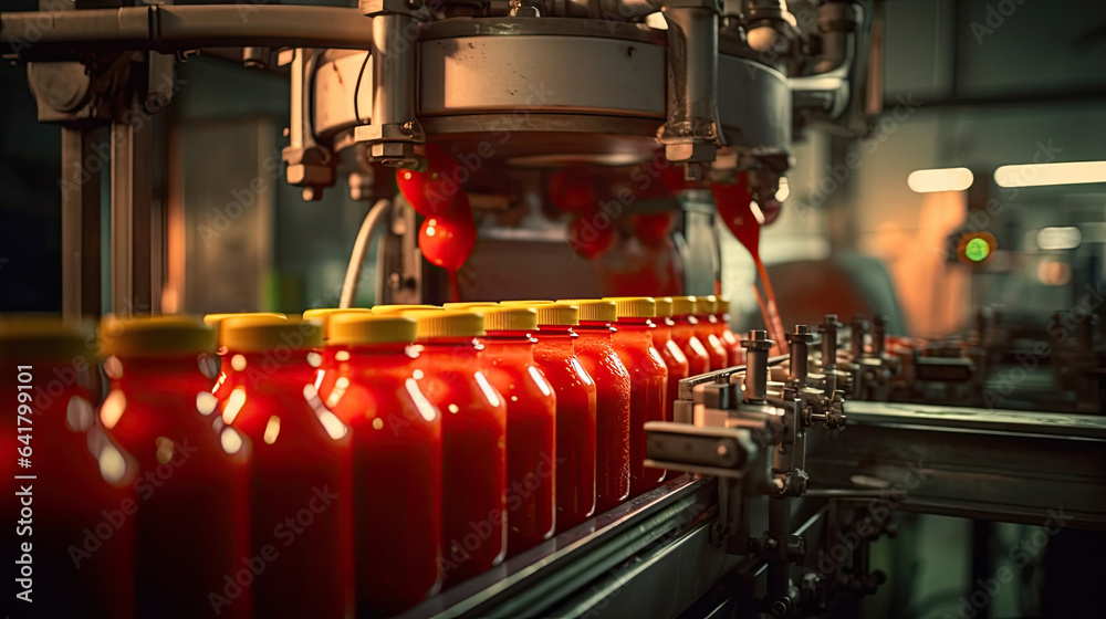 Tomato juice filling machine in industrial plants. Generative Ai