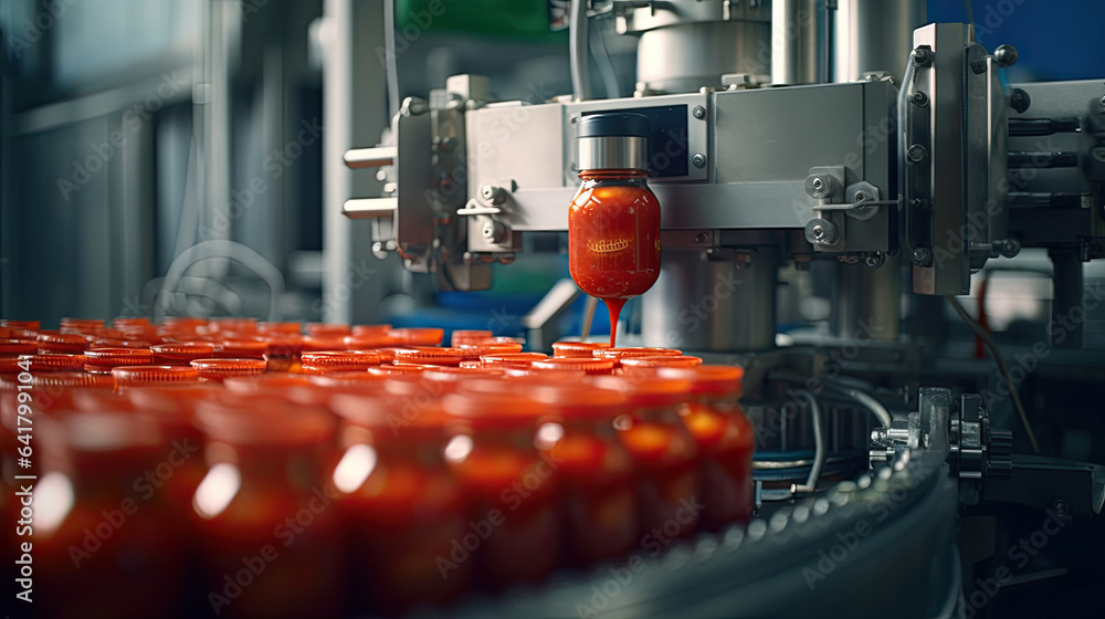 Tomato juice filling machine in industrial plants. Generative Ai