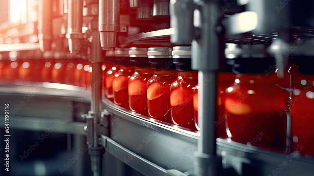 Tomato juice filling machine in industrial plants. Generative Ai