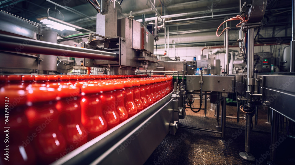 Tomato juice filling machine in industrial plants. Generative Ai