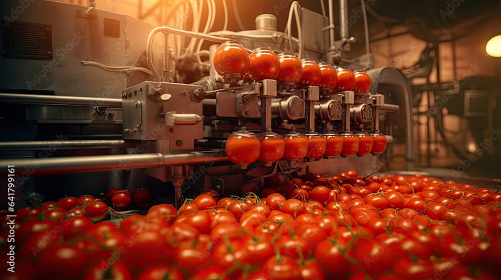 Tomato juice filling machine in industrial plants. Generative Ai