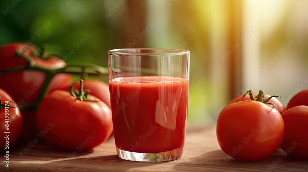 Tomato juice. Fresh red tomato detox juice in glass. Generative Ai