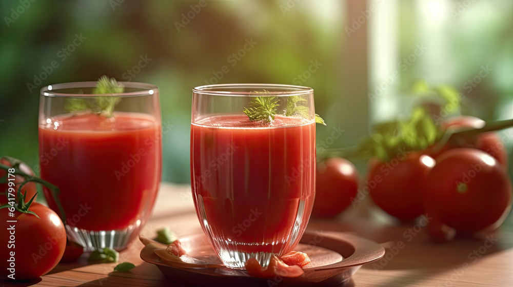 Tomato juice. Fresh red tomato detox juice in glass. Generative Ai