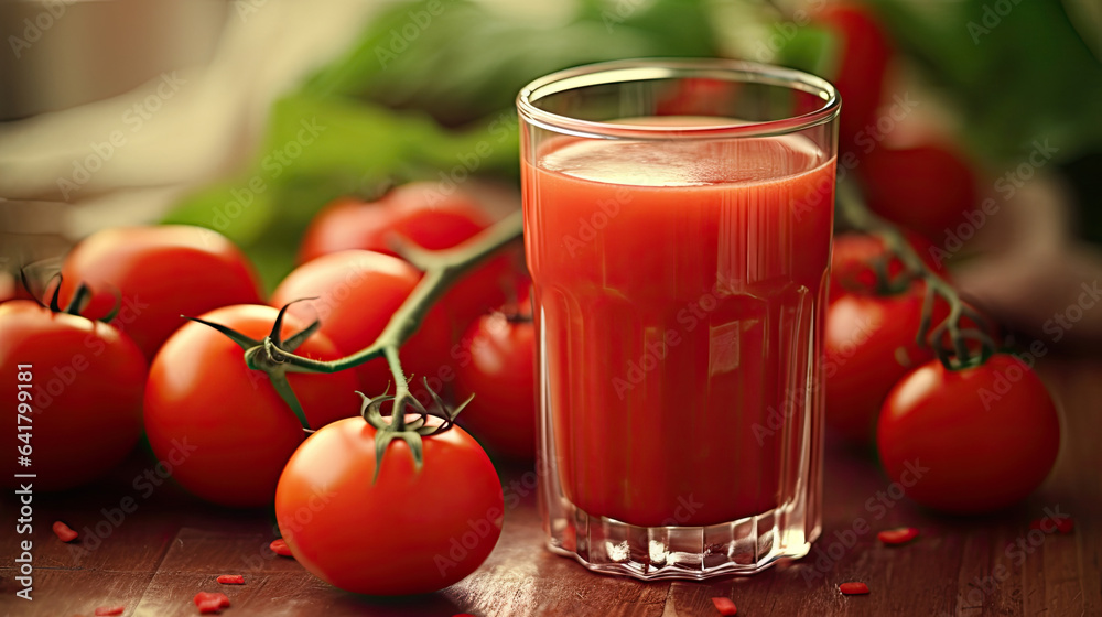 Tomato juice. Fresh red tomato detox juice in glass. Generative Ai