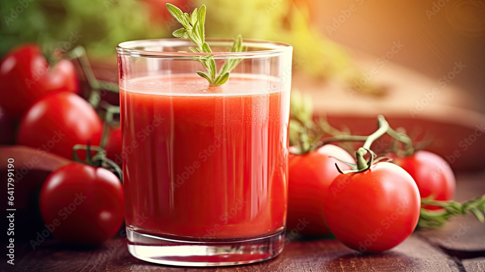 Tomato juice. Fresh red tomato detox juice in glass. Generative Ai