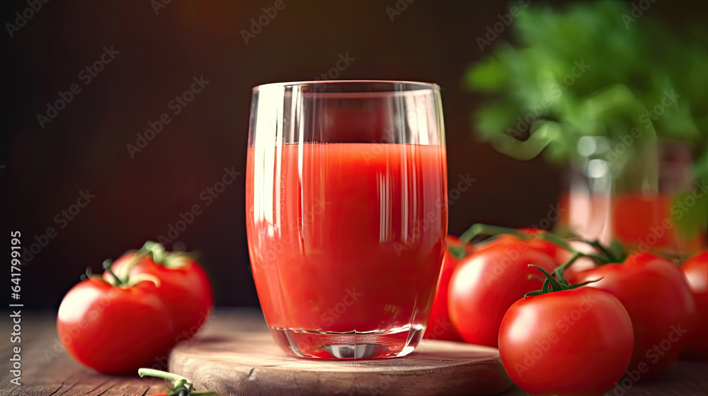 Tomato juice. Fresh red tomato detox juice in glass. Generative Ai