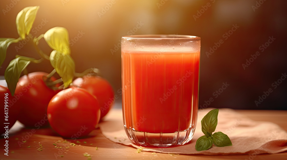 Tomato juice. Fresh red tomato detox juice in glass. Generative Ai