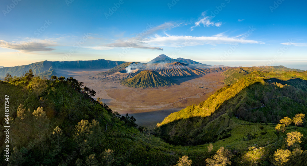 Panorama of Bromo volcano at sunrise, East Java, Indonesia