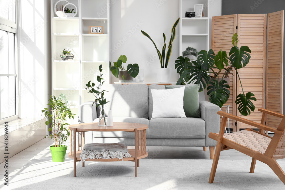 Interior of bright living room with coffee table, cozy sofa and armchair