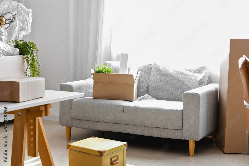 Sofa with cardboard box in office on moving day