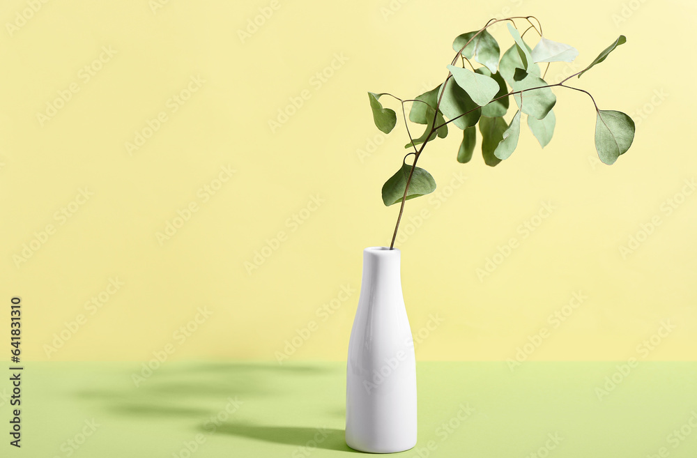 Vase with eucalyptus on green table near yellow wall