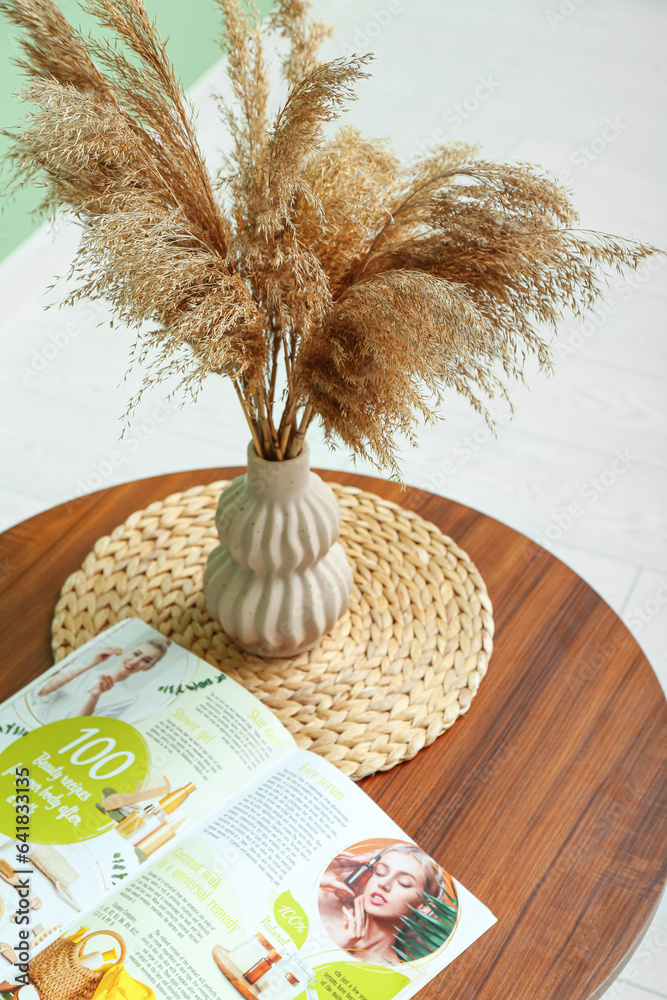 Vase of dried pampas grass with magazine on coffee table in living room