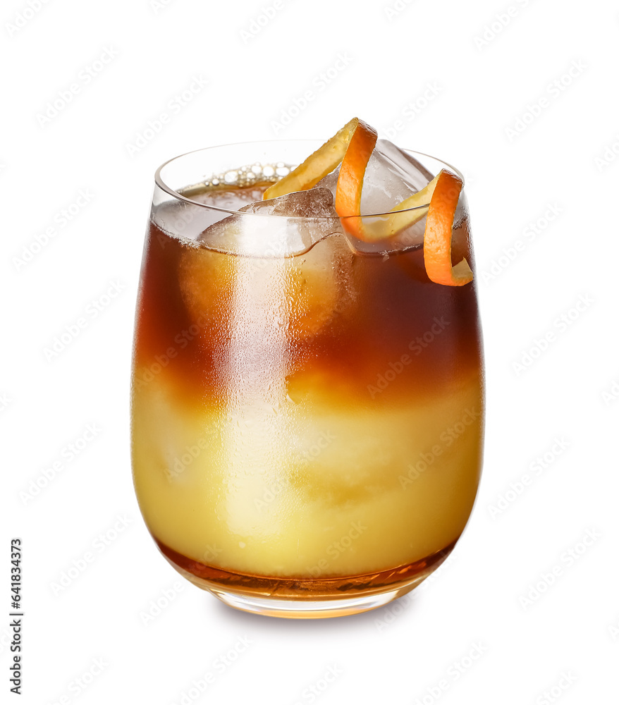 Glass of tasty orange espresso isolated on white background