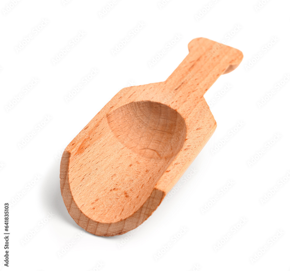 Empty wooden scoop on white background