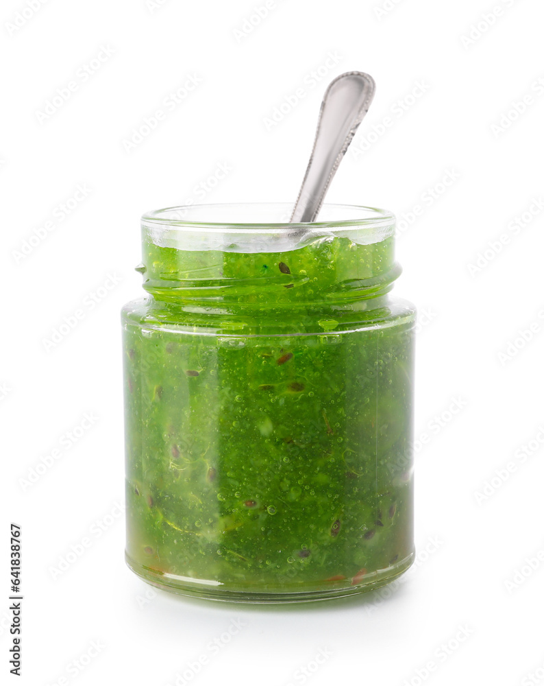 Jar with tasty gooseberry jam on white background