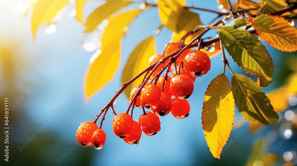 Autumn yellow orange leaves on branch with morning dew water drops on front blue sky 