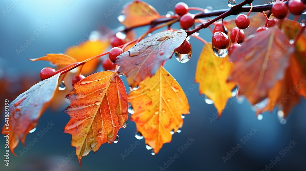 Autumn yellow orange leaves on branch with morning dew water drops on front blue sky 