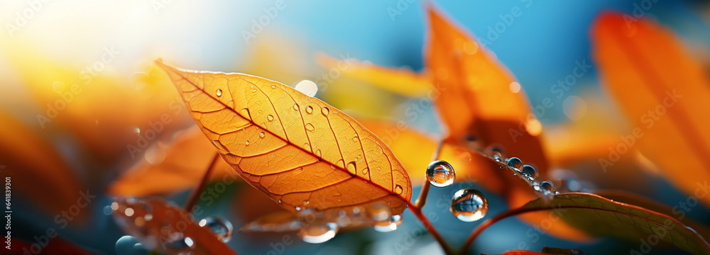 Autumn yellow orange leaves on branch with morning dew water drops on front blue sky 