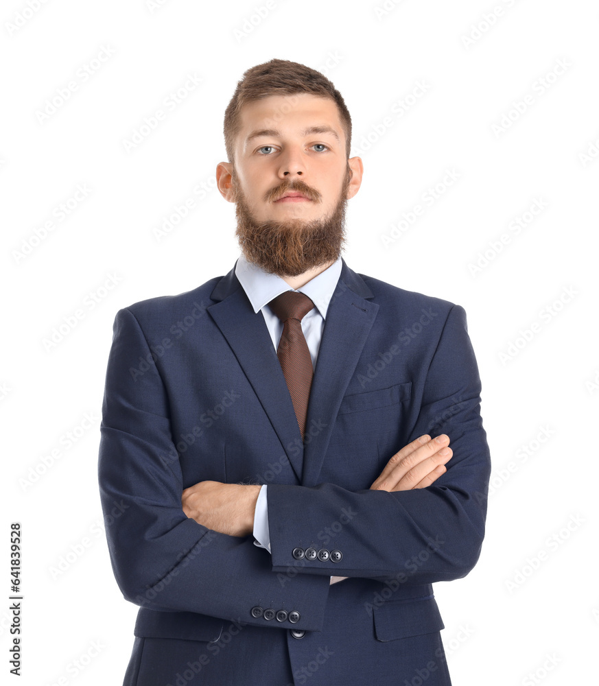 Portrait of handsome businessman in suit on white background