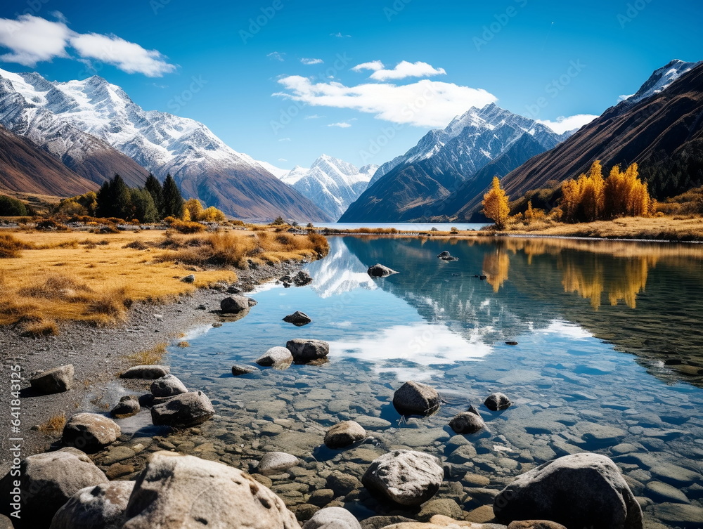 Autumn sunset  in wild park  ,orange trees and colorful leaves,lake in  in park,beautiful landscape