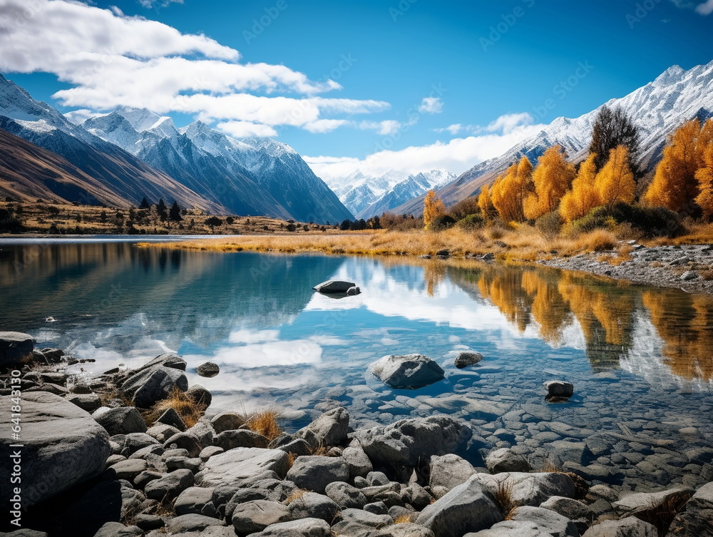 Autumn sunset  in wild park  ,orange trees and colorful leaves,lake in  in park,beautiful landscape