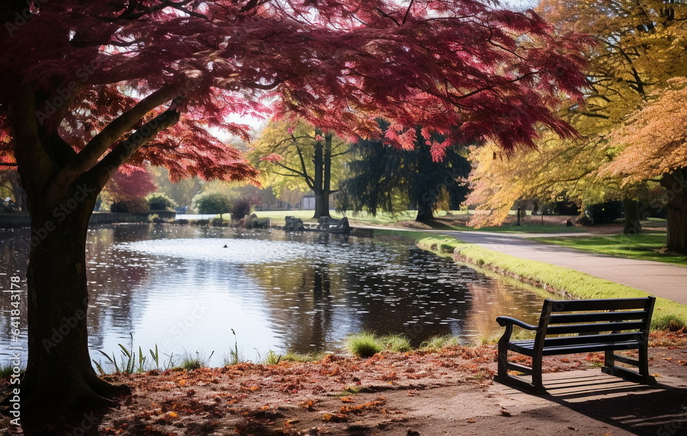 Autumn sunset  in wild park  ,orange trees and colorful leaves,lake in  in park,beautiful landscape